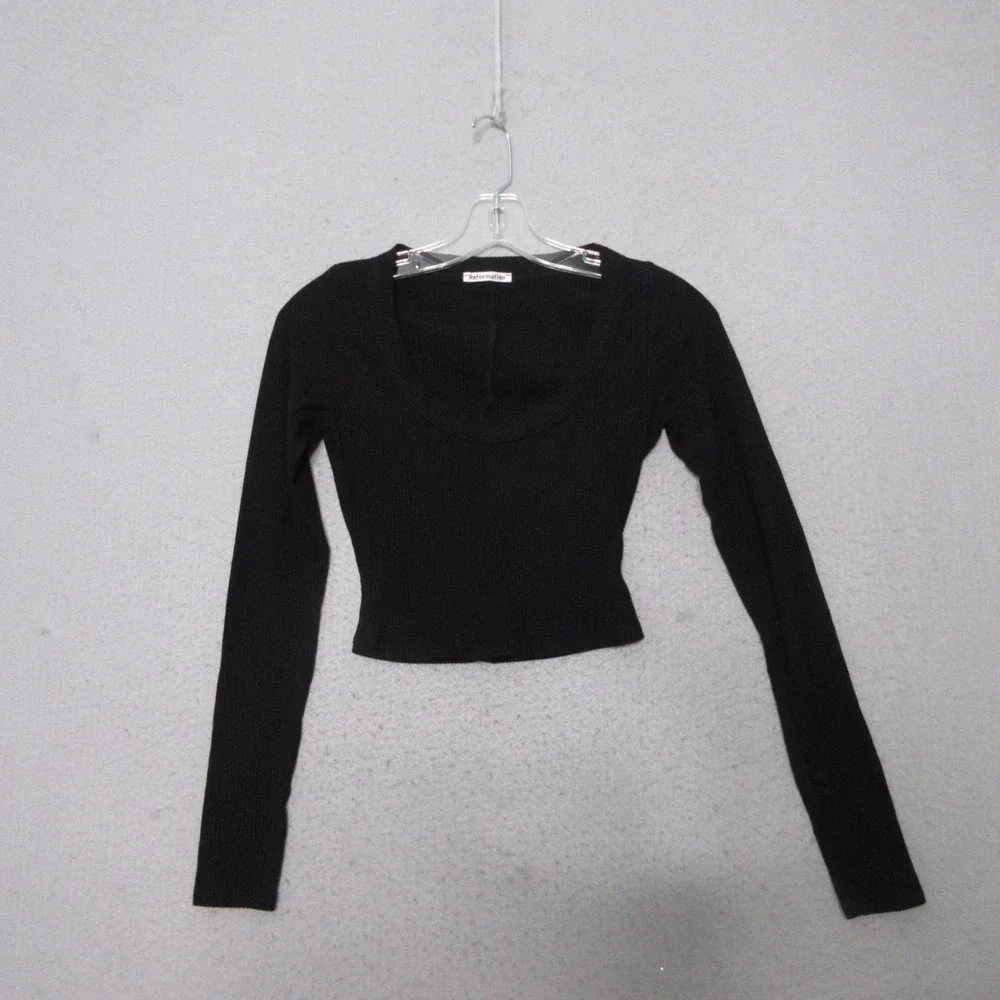 Reformation Top XS Black Ribbed Scoop Neck Cropped Fitted 90s Minimalist Chic